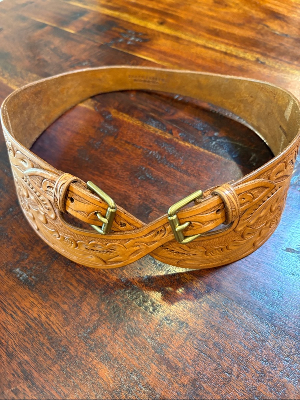 Vintage Ralph Lauren Brown Tooled Leather Cross Double Buckle Belt size Medium - Picture 11 of 16